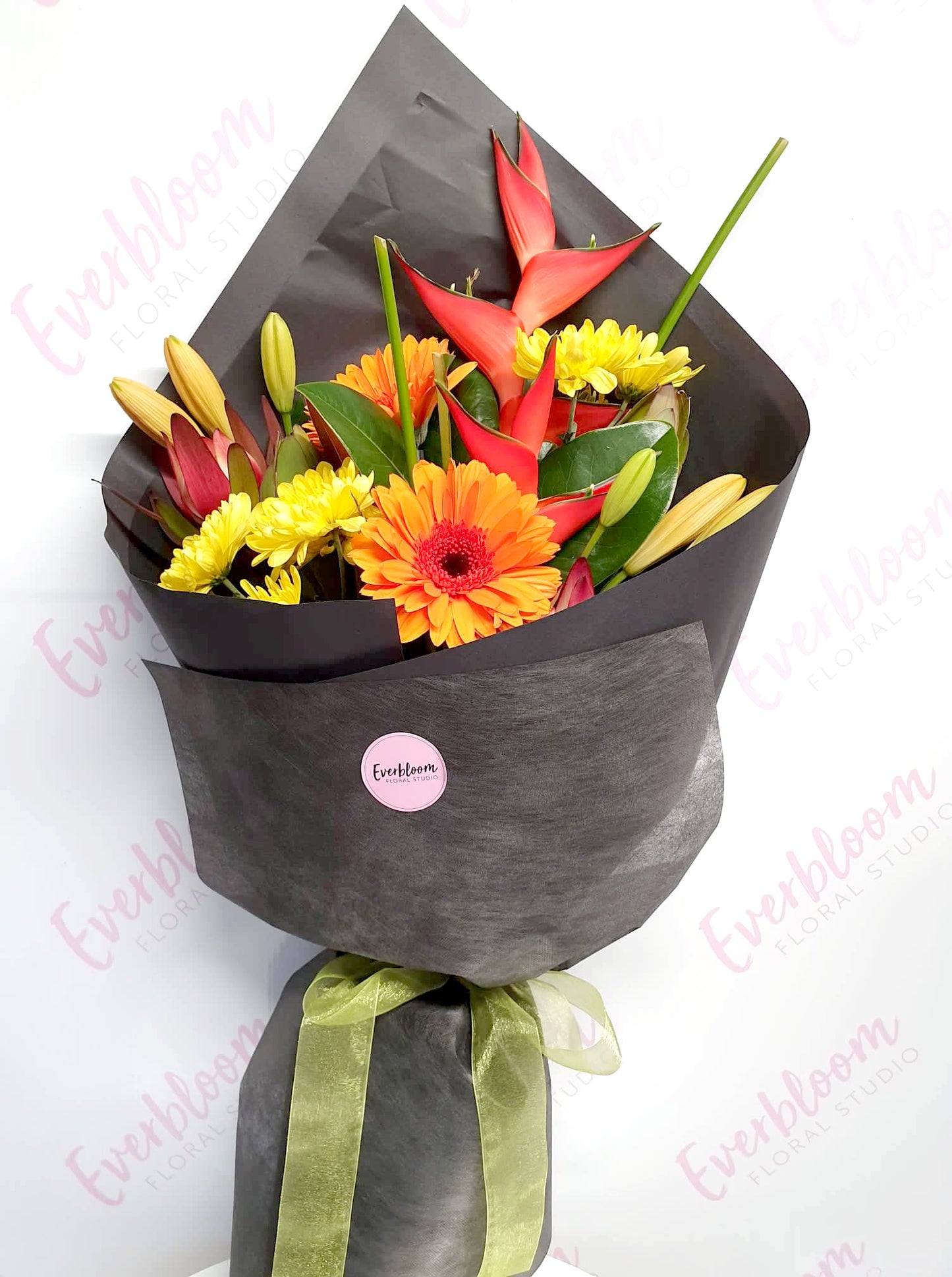 Big bold and bright fresh flowers made into a handtied bouquet, perfect for any occasion. Everbloom floral studio is your local mount maunganui and papamoa florist offering same day flower delivery direct from our floral studio to Tauranga, Mount Maunganui and Papamoa